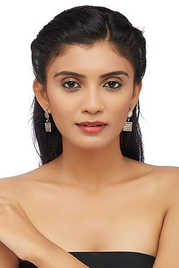 White Finish Square Floral Earrings