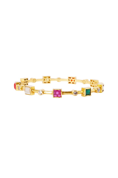 Gold Plated Navratna Stones Bangle In Sterling Silver