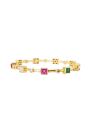 Gold Plated Navratna Stones Bangle In Sterling Silver
