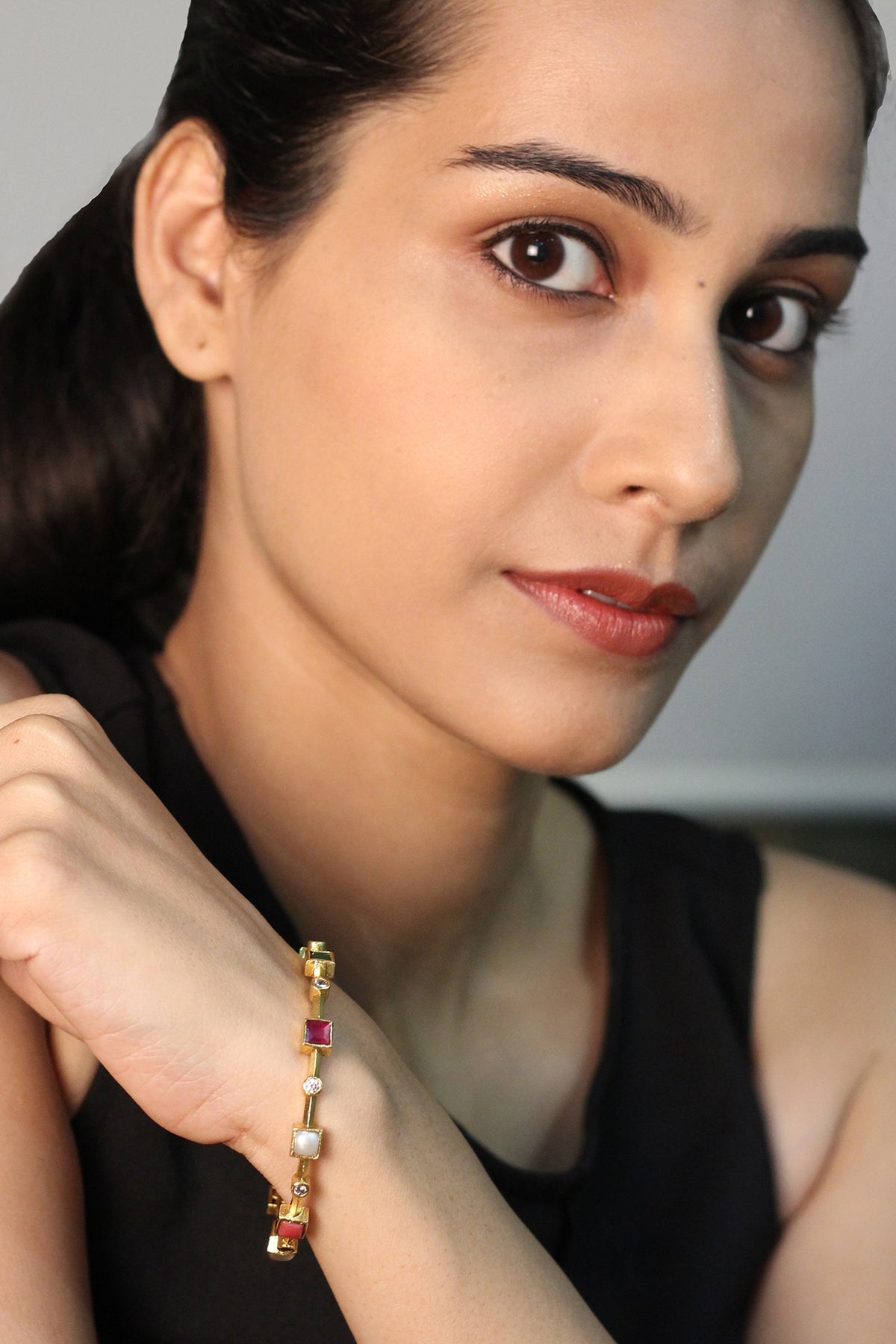 Gold Plated Navratna Stones Bangle In Sterling Silver