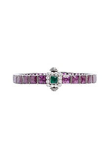 White Finish Ruby & Emerald Square Synthetic Stone Bangle In Sterling Silver