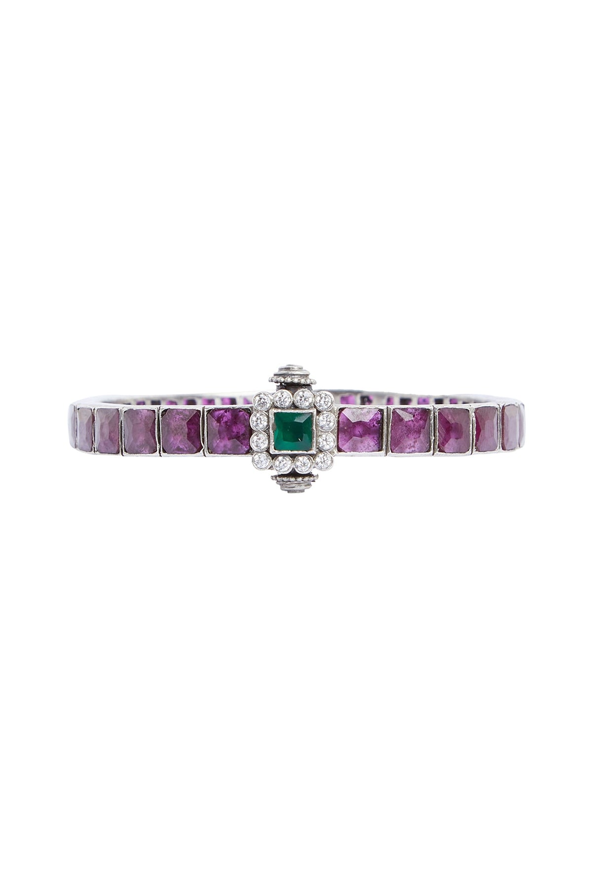 White Finish Ruby & Emerald Square Synthetic Stone Bangle In Sterling Silver