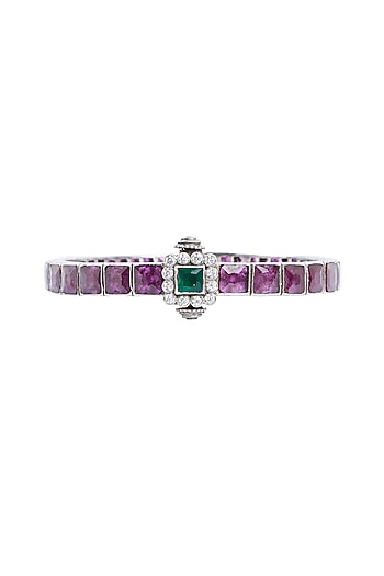 White Finish Ruby & Emerald Square Synthetic Stone Bangle In Sterling Silver