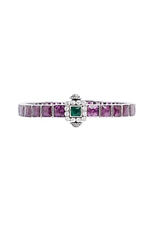 White Finish Ruby & Emerald Square Synthetic Stone Bangle In Sterling Silver