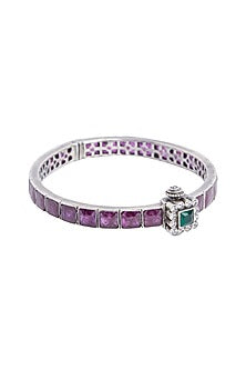 White Finish Ruby & Emerald Square Synthetic Stone Bangle In Sterling Silver