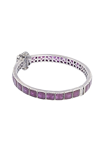 White Finish Ruby & Emerald Square Synthetic Stone Bangle In Sterling Silver