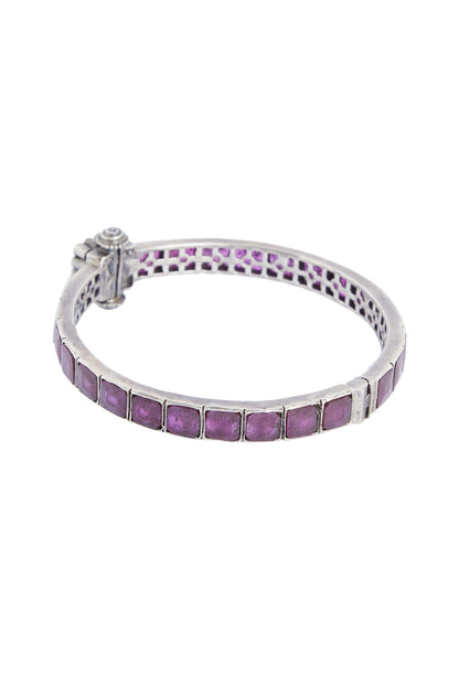 White Finish Ruby & Emerald Square Synthetic Stone Bangle In Sterling Silver