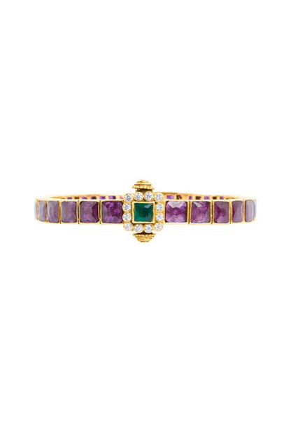 Gold Plated Ruby & Emerald Square Synthetic Stone Bangle In Sterling Silver