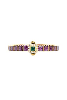 Gold Plated Ruby & Emerald Square Synthetic Stone Bangle In Sterling Silver