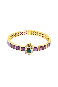 Gold Plated Ruby & Emerald Square Synthetic Stone Bangle In Sterling Silver