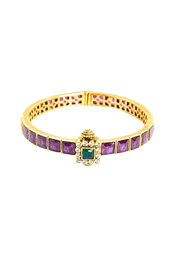 Gold Plated Ruby & Emerald Square Synthetic Stone Bangle In Sterling Silver
