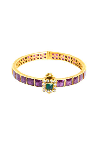 Gold Plated Ruby & Emerald Square Synthetic Stone Bangle In Sterling Silver
