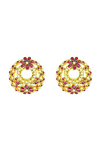 Gold Plated Pearl & Ruby-Colored Stone Stud Earrings In Sterling Silver