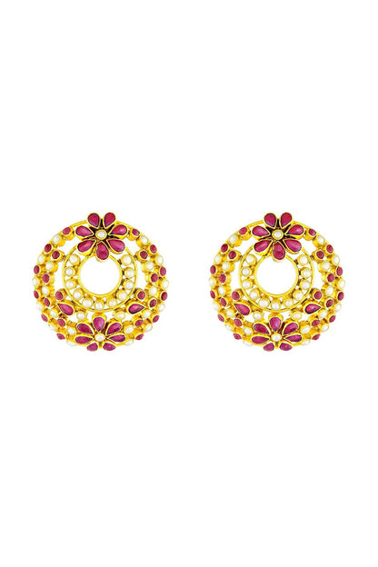 Gold Plated Pearl & Ruby-Colored Stone Stud Earrings In Sterling Silver