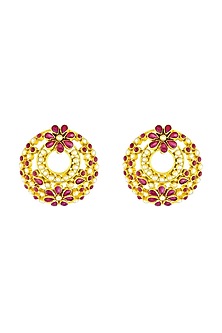 Gold Plated Pearl & Ruby-Colored Stone Stud Earrings In Sterling Silver