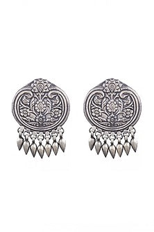 White Finish Peacock Motif Chandbali Earrings In Sterling Silver