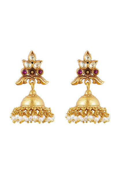 Antique Gold Plated Kundan Polki Jhumka Earrings In Sterling Silver