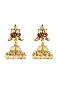 Antique Gold Plated Kundan Polki Jhumka Earrings In Sterling Silver