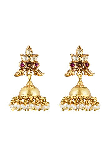 Antique Gold Plated Kundan Polki Jhumka Earrings In Sterling Silver