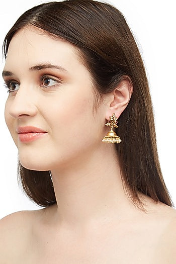 Antique Gold Plated Kundan Polki Jhumka Earrings In Sterling Silver