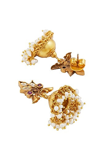 Antique Gold Plated Kundan Polki Jhumka Earrings In Sterling Silver