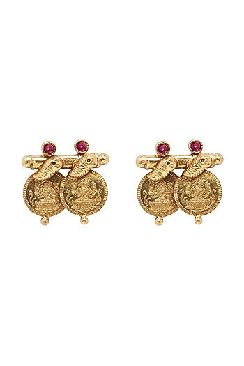 Gold Plated Laxmi Coins Stud Earrings In Sterling Silver
