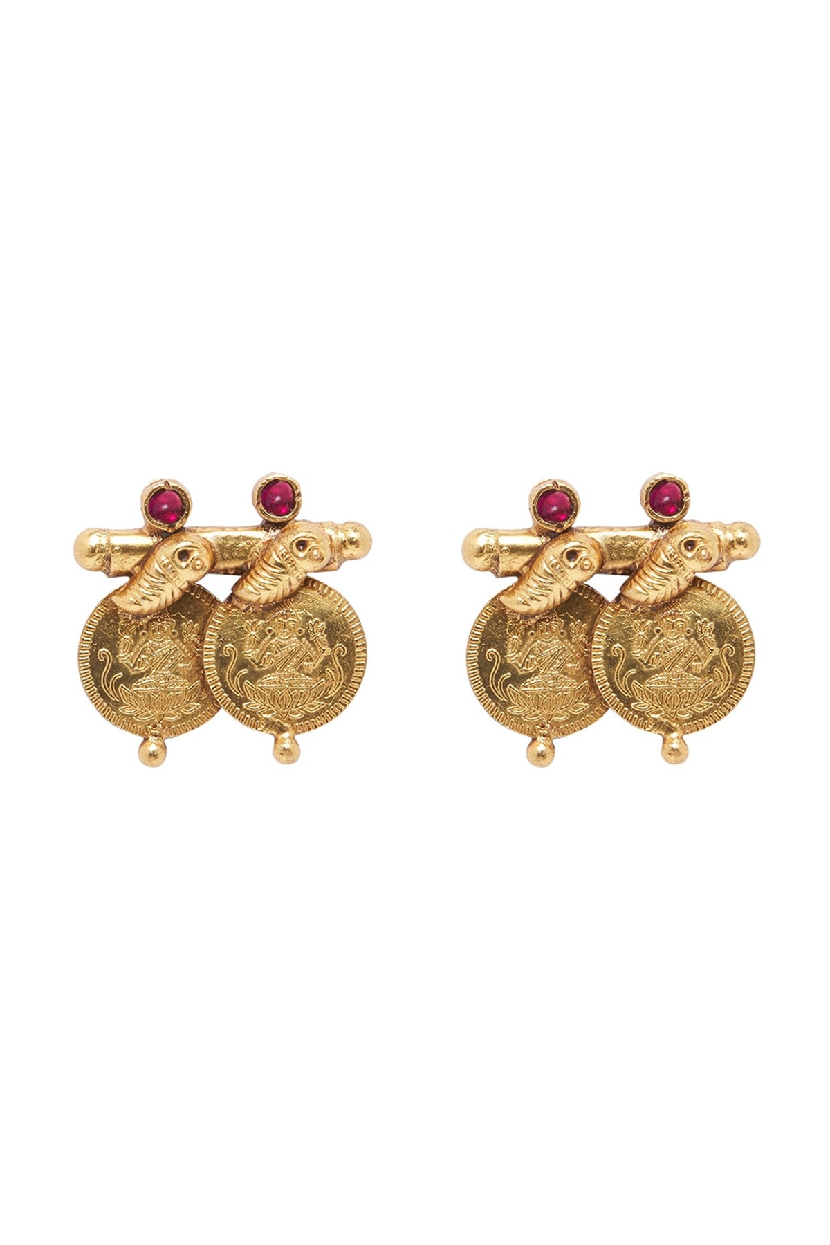 Gold Plated Laxmi Coins Stud Earrings In Sterling Silver