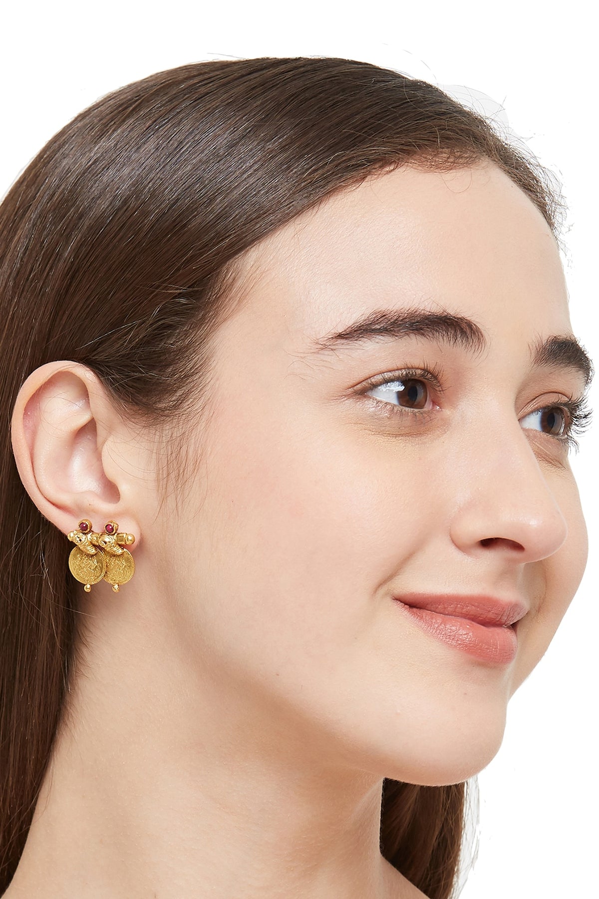 Gold Plated Laxmi Coins Stud Earrings In Sterling Silver