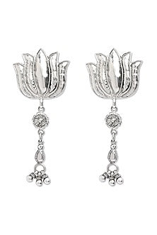 White Finish Lotus Earrings In Sterling Silver
