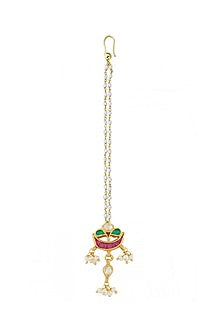 Gold Plated Glass Stones Maang Tikka In Sterling Silver