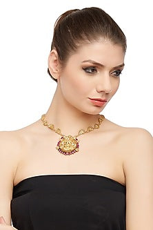 Gold Plated Ruby Stone Pendant Necklace In Sterling Silver