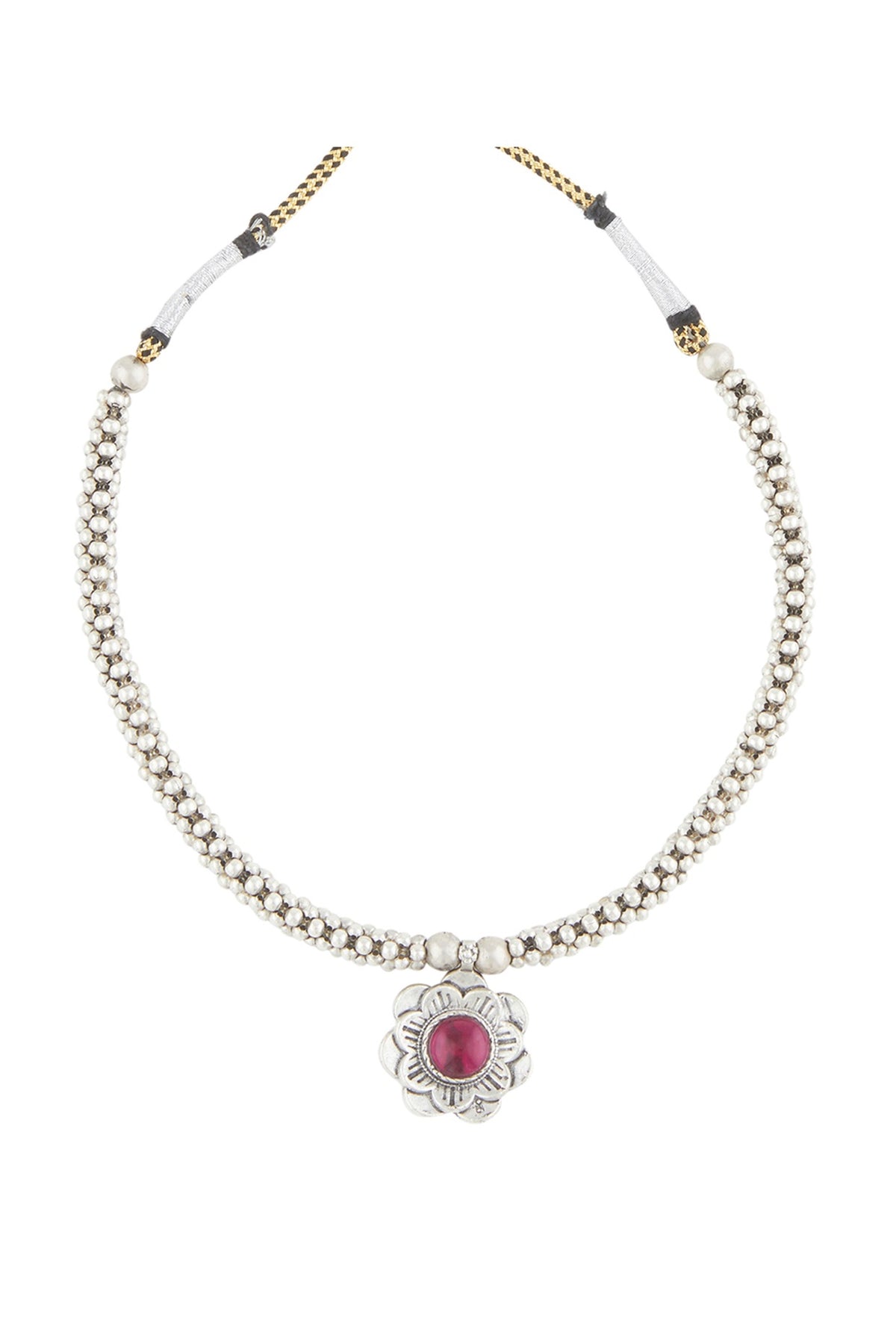 White Finish Silver Beaded Choker Necklace In Sterling Silver