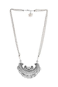 White Finish Motif Long Necklace In Sterling Silver
