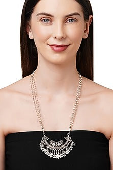 White Finish Motif Long Necklace In Sterling Silver