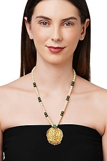 Gold Plated Green Onyx Stone Long Necklace In Sterling Silver