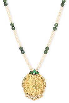 Gold Plated Green Onyx Stone Long Necklace In Sterling Silver