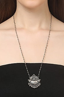 White Finish Floral Long Necklace In Sterling Silver