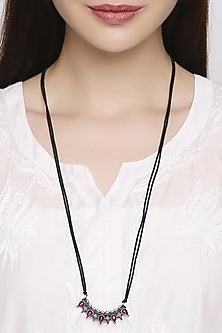 White Finish Pink Stone Mangalsutra In Sterling Silver