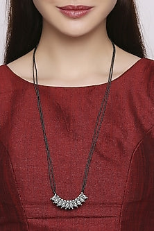 White Finish Black Beaded Long Mangalsutra In Sterling Silver