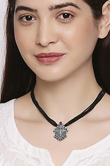 White Finish Black Beaded Pendant Necklace In Sterling Silver
