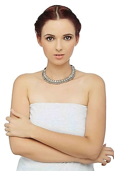 White Finish Floral Motif Choker Necklace Set In Sterling Silver