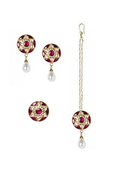 Gold Plated Mangtikka With Earrings & Ring In Sterling Silver