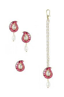 Gold Plated Ruby Glass Maangtikka With Earrings & Ring In Sterling Silver
