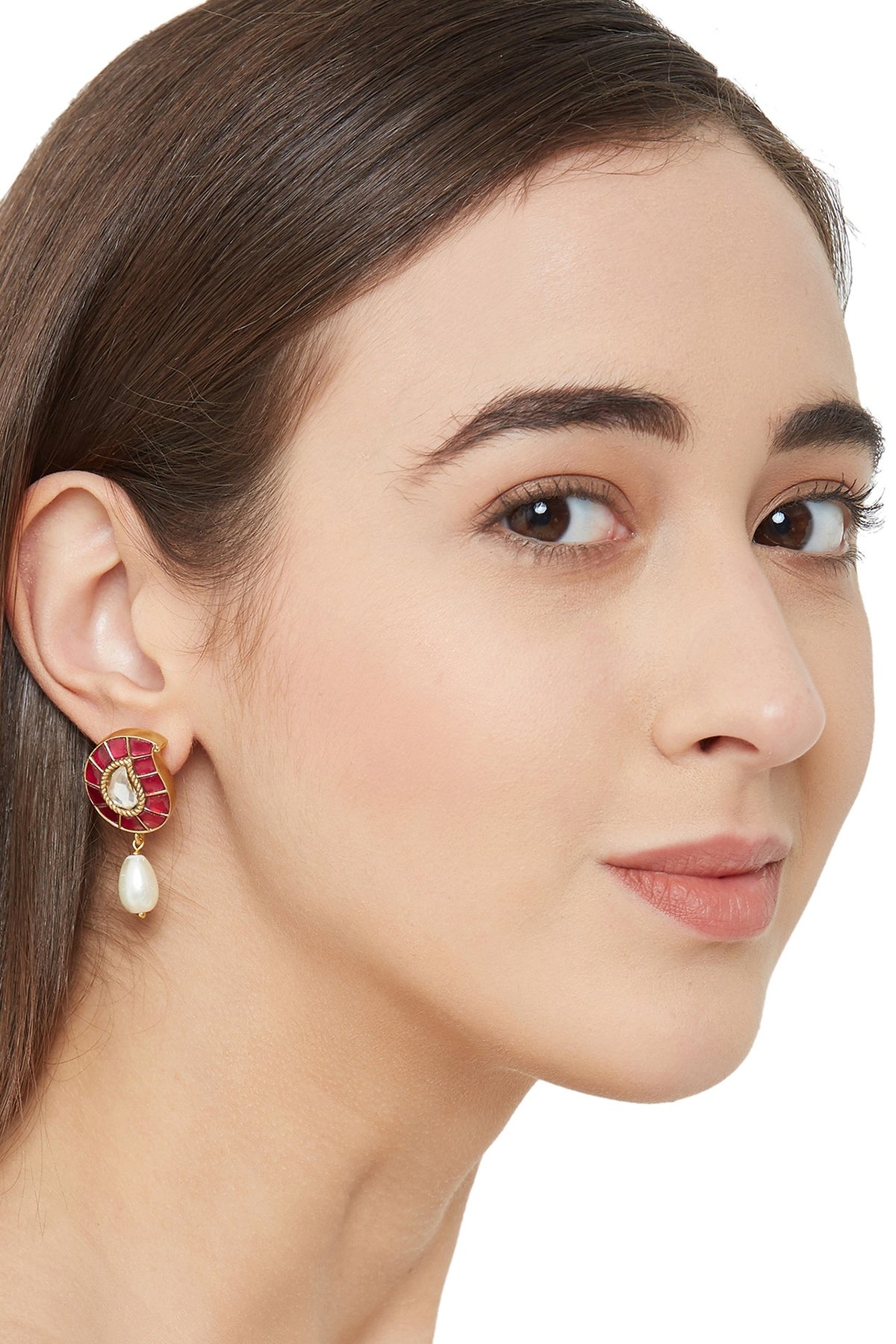 Gold Plated Ruby Glass Maangtikka With Earrings & Ring In Sterling Silver