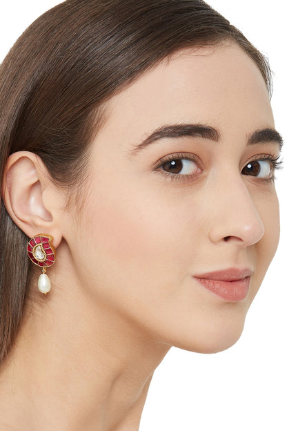 Gold Plated Ruby Glass Maangtikka With Earrings & Ring In Sterling Silver