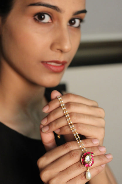 Gold Plated Ruby Glass Maangtikka With Earrings & Ring In Sterling Silver