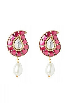 Gold Plated Ruby Glass Maangtikka With Earrings & Ring In Sterling Silver