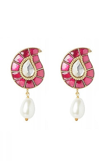 Gold Plated Ruby Glass Maangtikka With Earrings & Ring In Sterling Silver