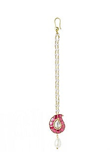 Gold Plated Ruby Glass Maangtikka With Earrings & Ring In Sterling Silver
