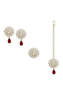 Gold Plated Red Onyx Maangtikka With Earrings & Ring In Sterling Silver